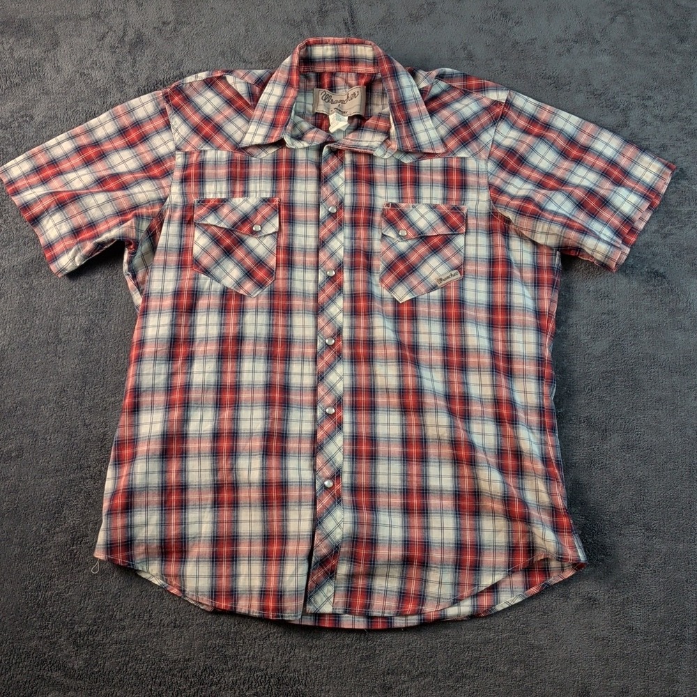 WRANCHER by Wrangler XL Vintage 90's Short Sleeve Pearl Snap Red Plaid Western